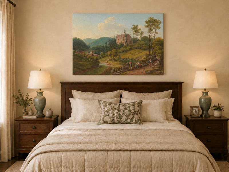 Peinture à l'huile de paysage - Village en bord de rivière et ruines de château