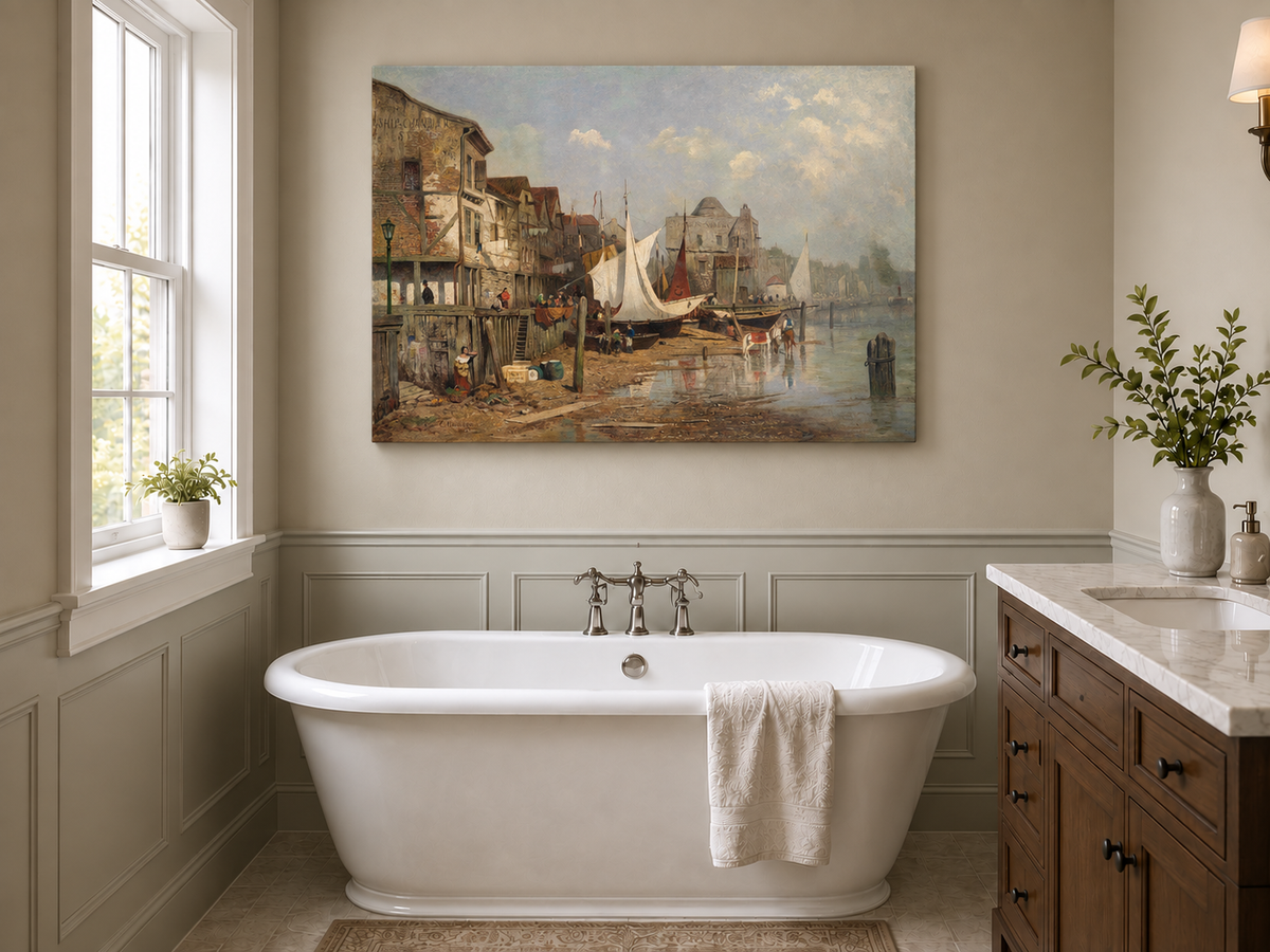 Landscape Oil Painting - Old Riverside Harbor Town Sailing Boats