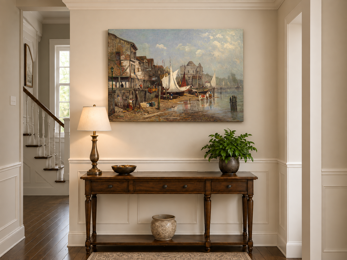 Landscape Oil Painting - Old Riverside Harbor Town Sailing Boats