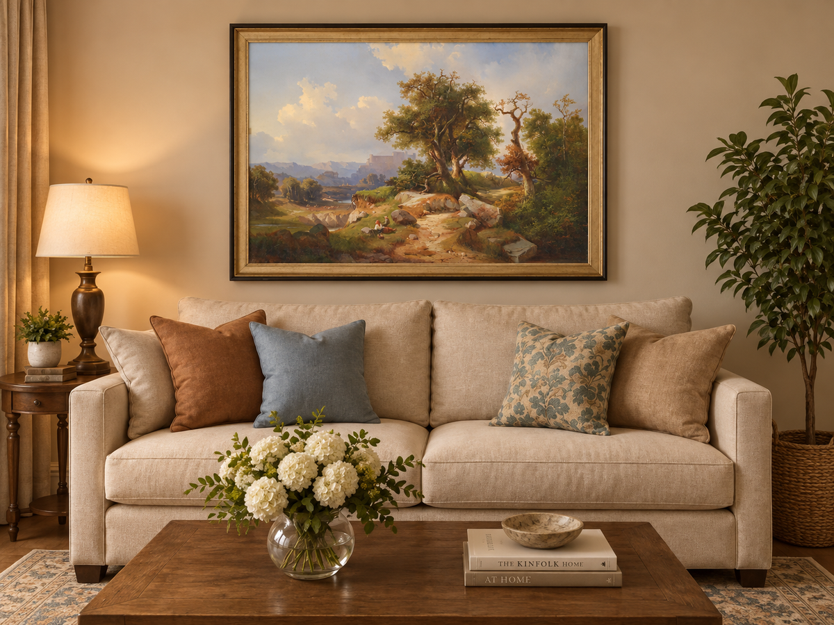 Ölgemälde Landschaft - Feldweg, Alte Bäume, Ferne