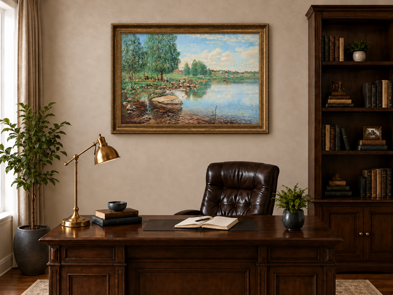 Ölgemälde Landschaft - Birken am See mit Figuren