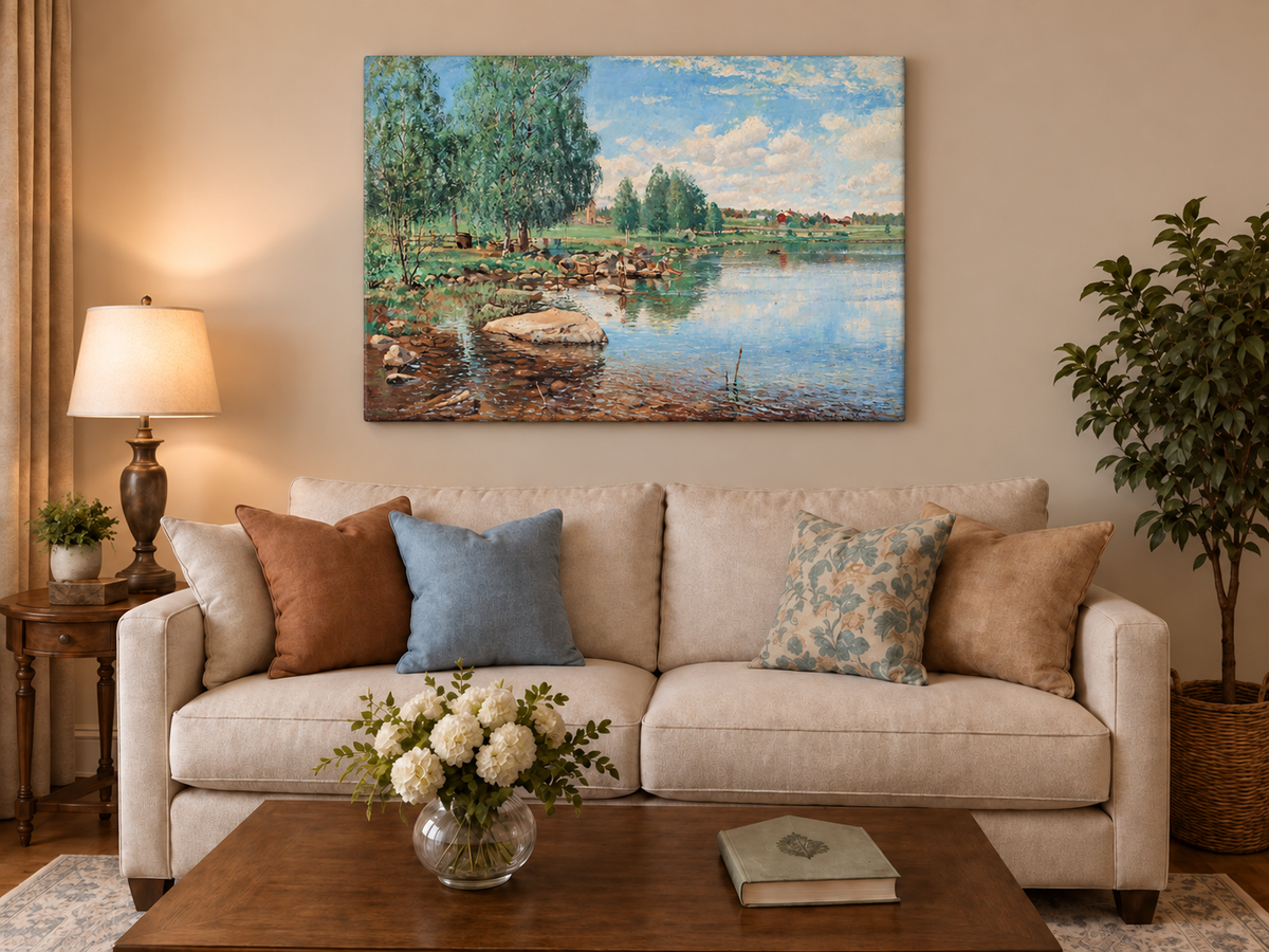 Ölgemälde Landschaft - Birken am See mit Figuren