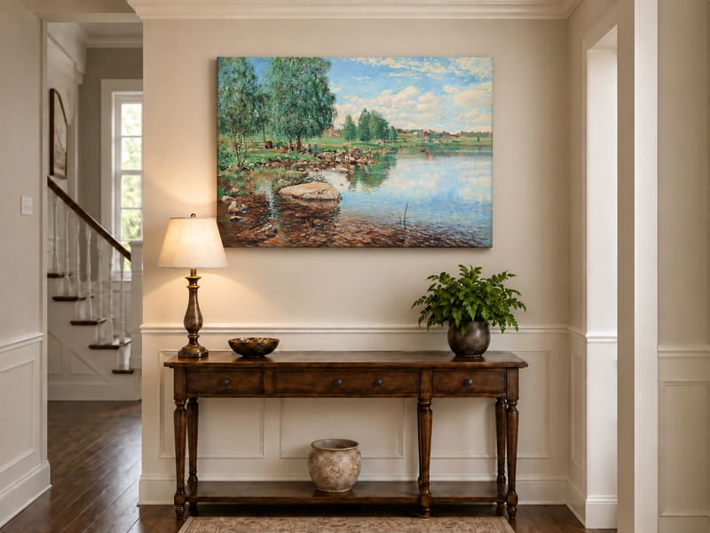 Ölgemälde Landschaft - Birken am See mit Figuren
