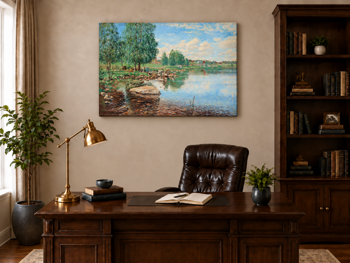 Ölgemälde Landschaft - Birken am See mit Figuren
