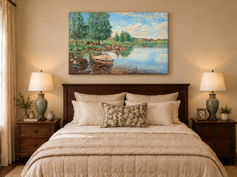 Ölgemälde Landschaft - Birken am See mit Figuren