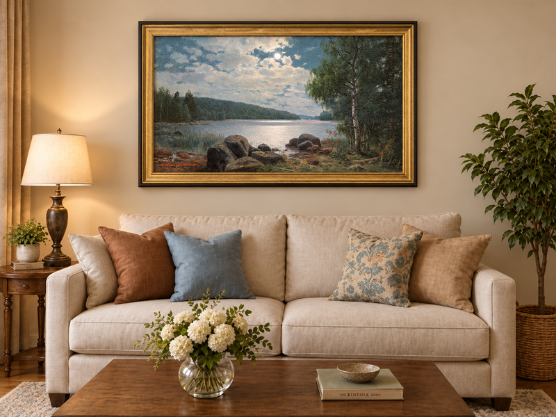 Peinture à l'huile de paysage - Lac au clair de lune, reflets forestiers