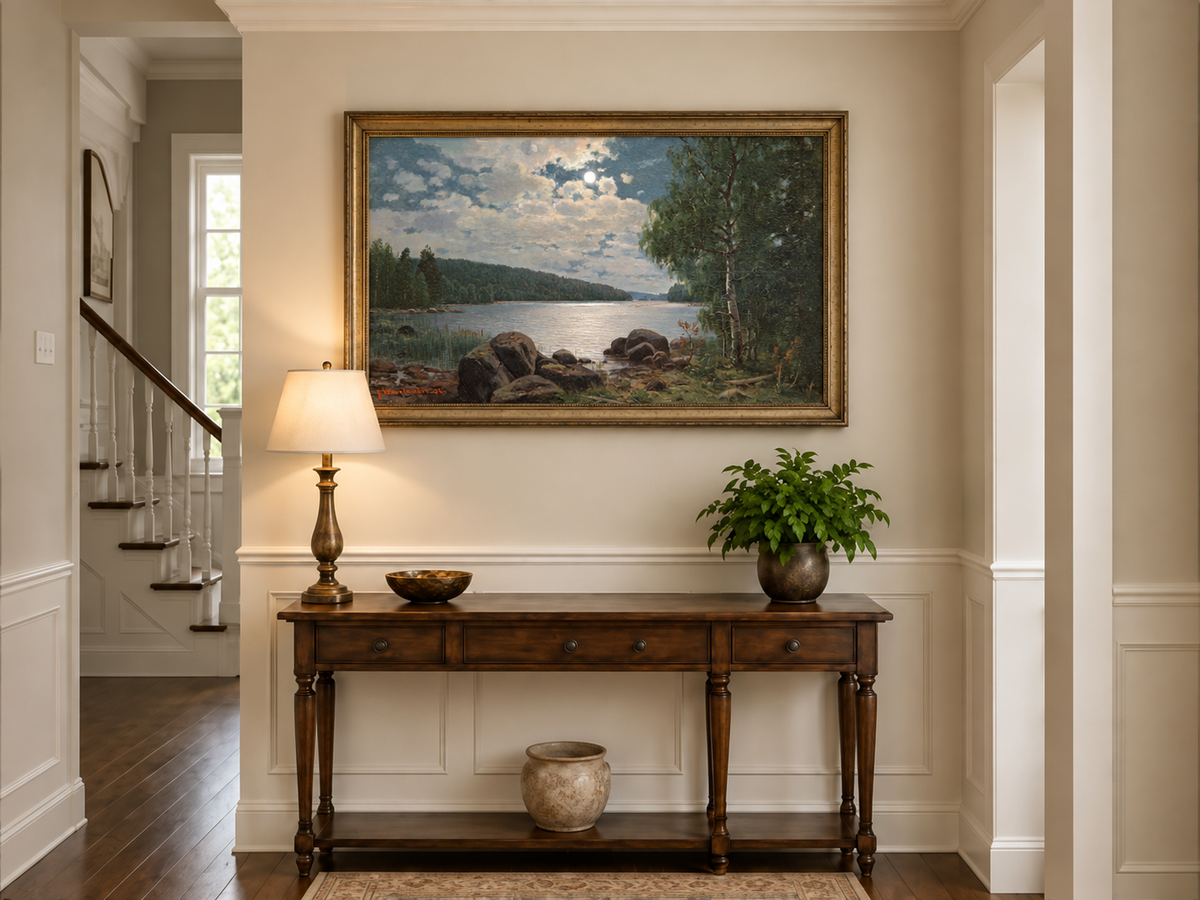 Peinture à l'huile de paysage - Lac au clair de lune, reflets forestiers