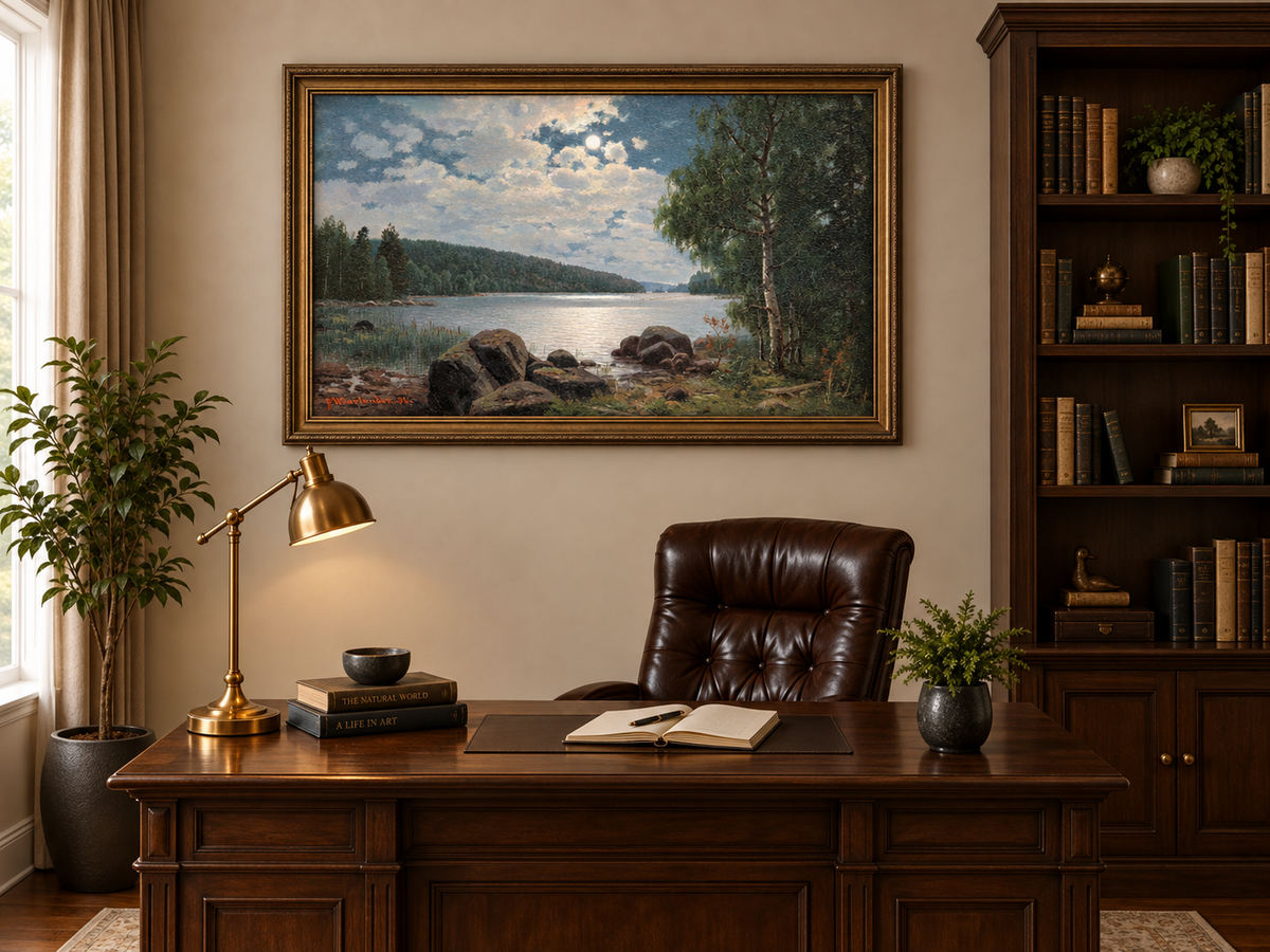 Peinture à l'huile de paysage - Lac au clair de lune, reflets forestiers