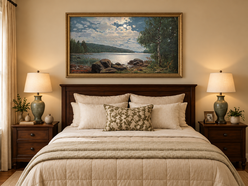 Peinture à l'huile de paysage - Lac au clair de lune, reflets forestiers