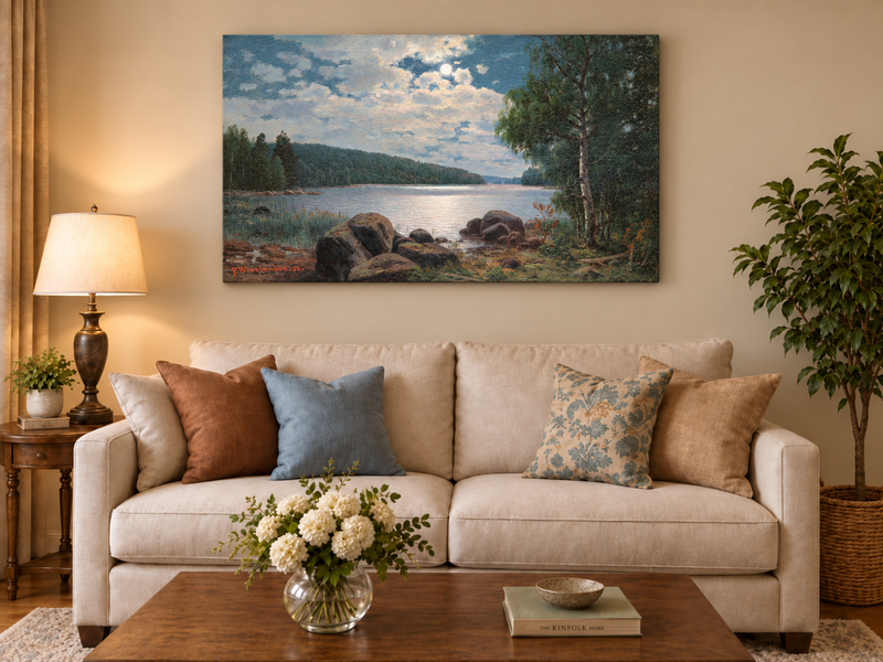 Peinture à l'huile de paysage - Lac au clair de lune, reflets forestiers