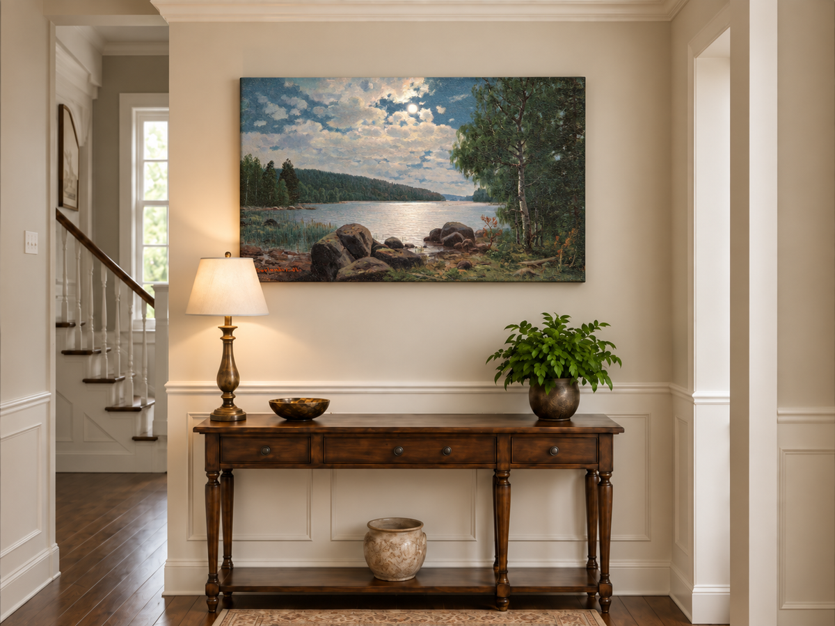 Peinture à l'huile de paysage - Lac au clair de lune, reflets forestiers