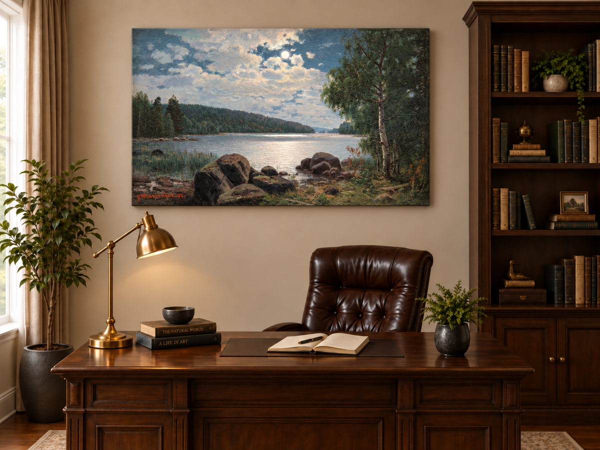 Peinture à l'huile de paysage - Lac au clair de lune, reflets forestiers