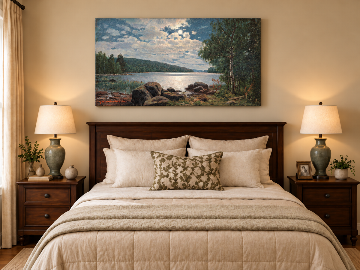 Peinture à l'huile de paysage - Lac au clair de lune, reflets forestiers