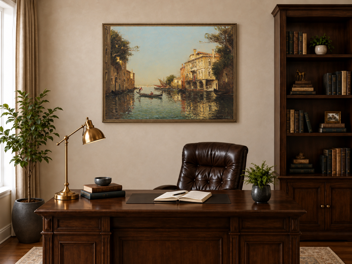 Landschaftsölgemälde – Venezianischer Kanal mit Gondelreflexionen