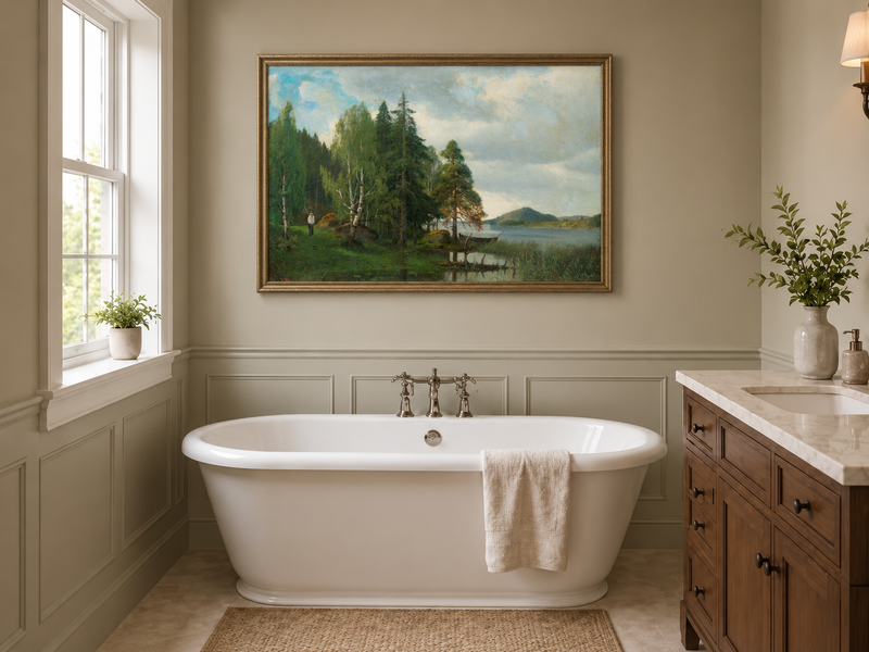 Peinture à l'huile de paysage - Forêt tranquille au bord du lac, Reflets