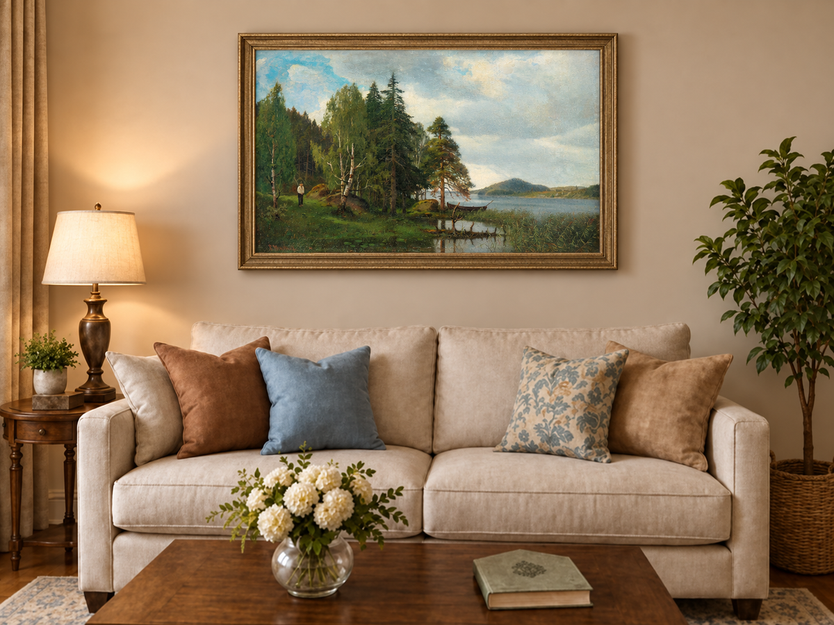 Peinture à l'huile de paysage - Forêt tranquille au bord du lac, Reflets