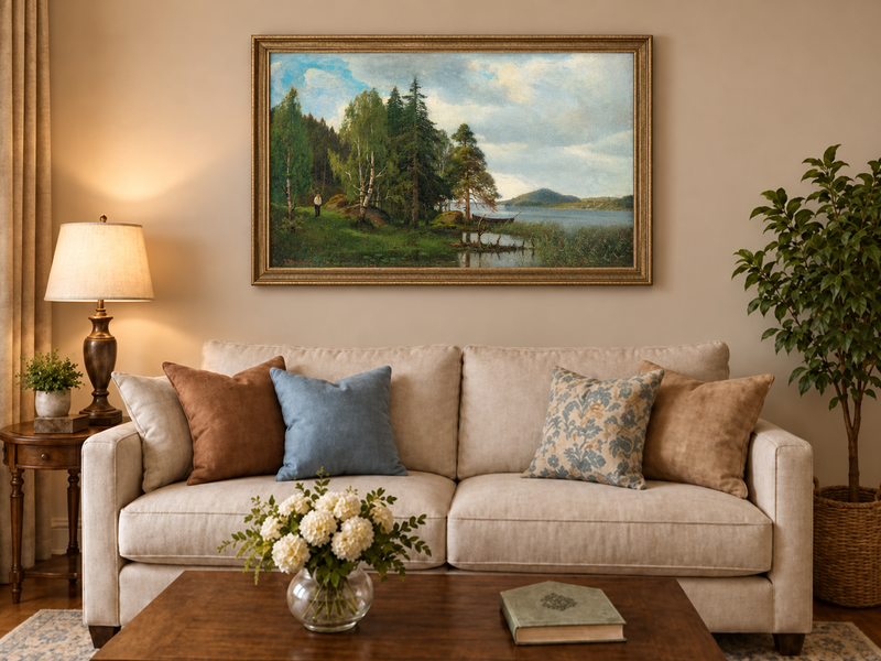 Peinture à l'huile de paysage - Forêt tranquille au bord du lac, Reflets