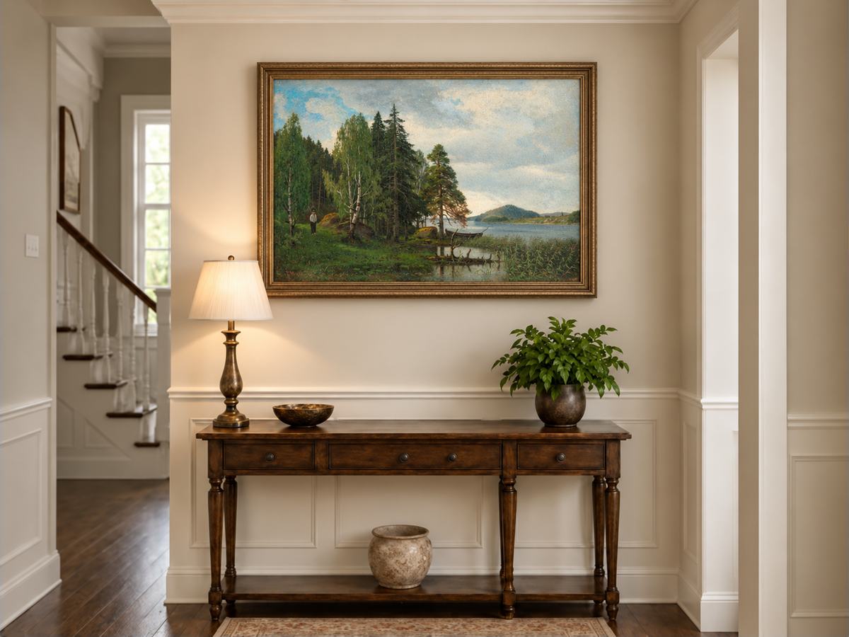 Peinture à l'huile de paysage - Forêt tranquille au bord du lac, Reflets