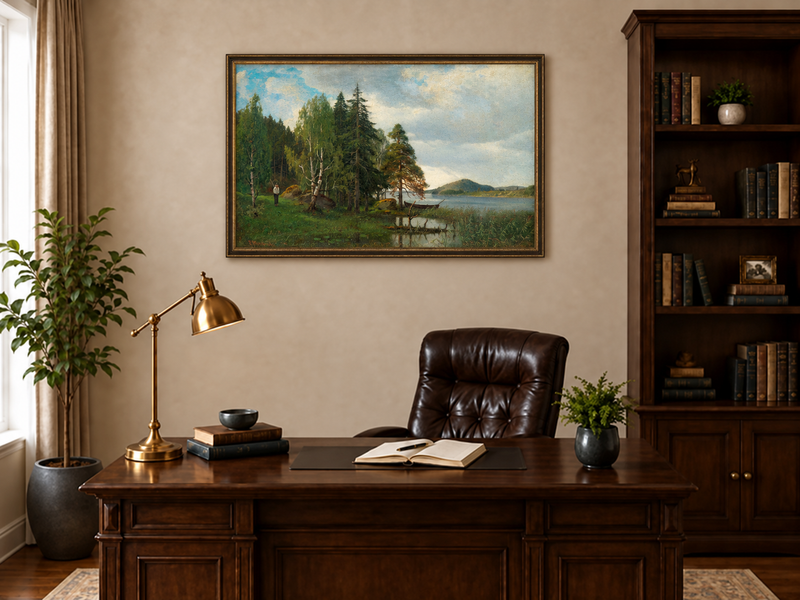 Peinture à l'huile de paysage - Forêt tranquille au bord du lac, Reflets
