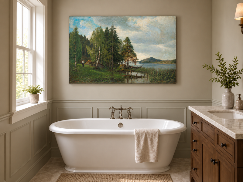 Peinture à l'huile de paysage - Forêt tranquille au bord du lac, Reflets