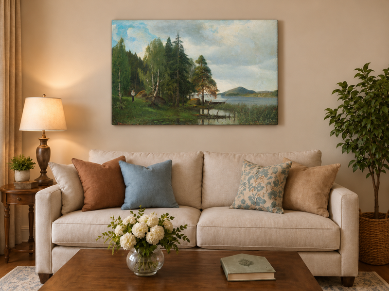 Peinture à l'huile de paysage - Forêt tranquille au bord du lac, Reflets