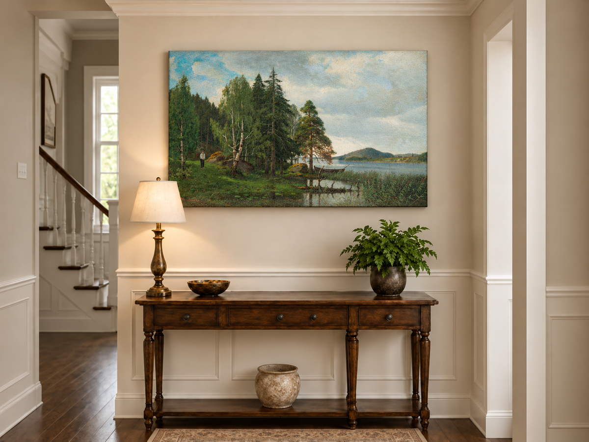 Peinture à l'huile de paysage - Forêt tranquille au bord du lac, Reflets