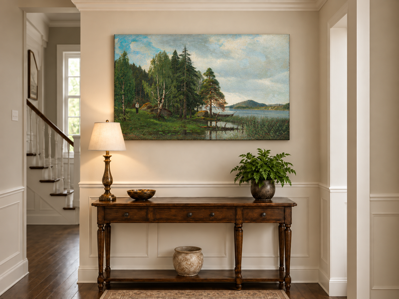Peinture à l'huile de paysage - Forêt tranquille au bord du lac, Reflets