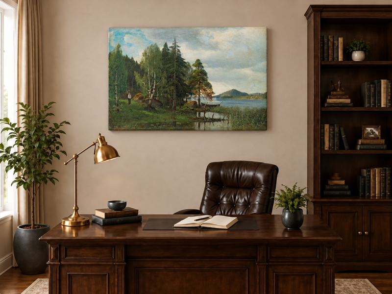 Peinture à l'huile de paysage - Forêt tranquille au bord du lac, Reflets