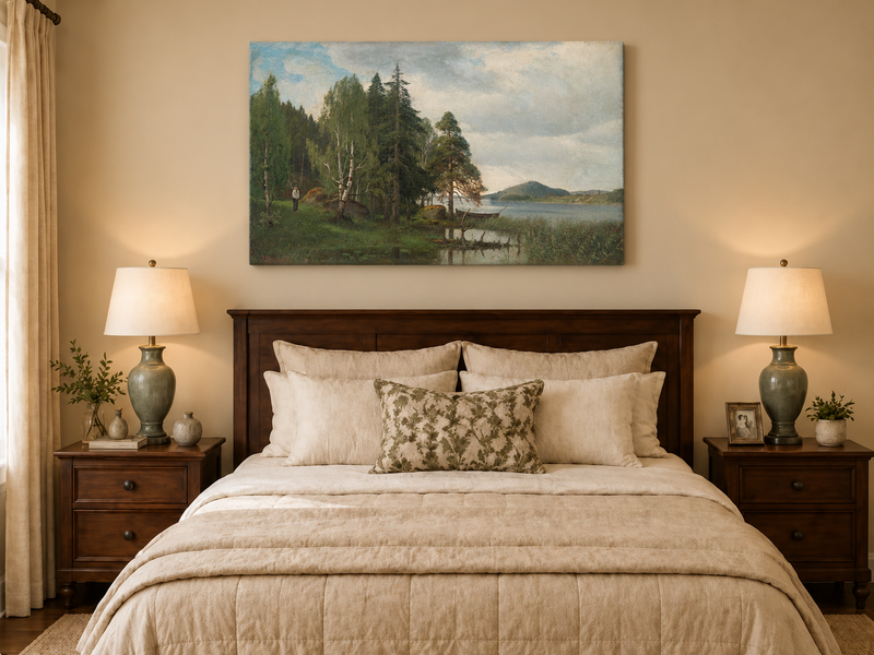 Peinture à l'huile de paysage - Forêt tranquille au bord du lac, Reflets