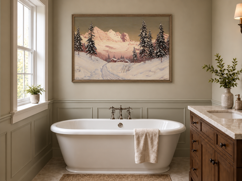 Landscape Oil Painting - Snowy Alpine Mountains, Pine Cabins