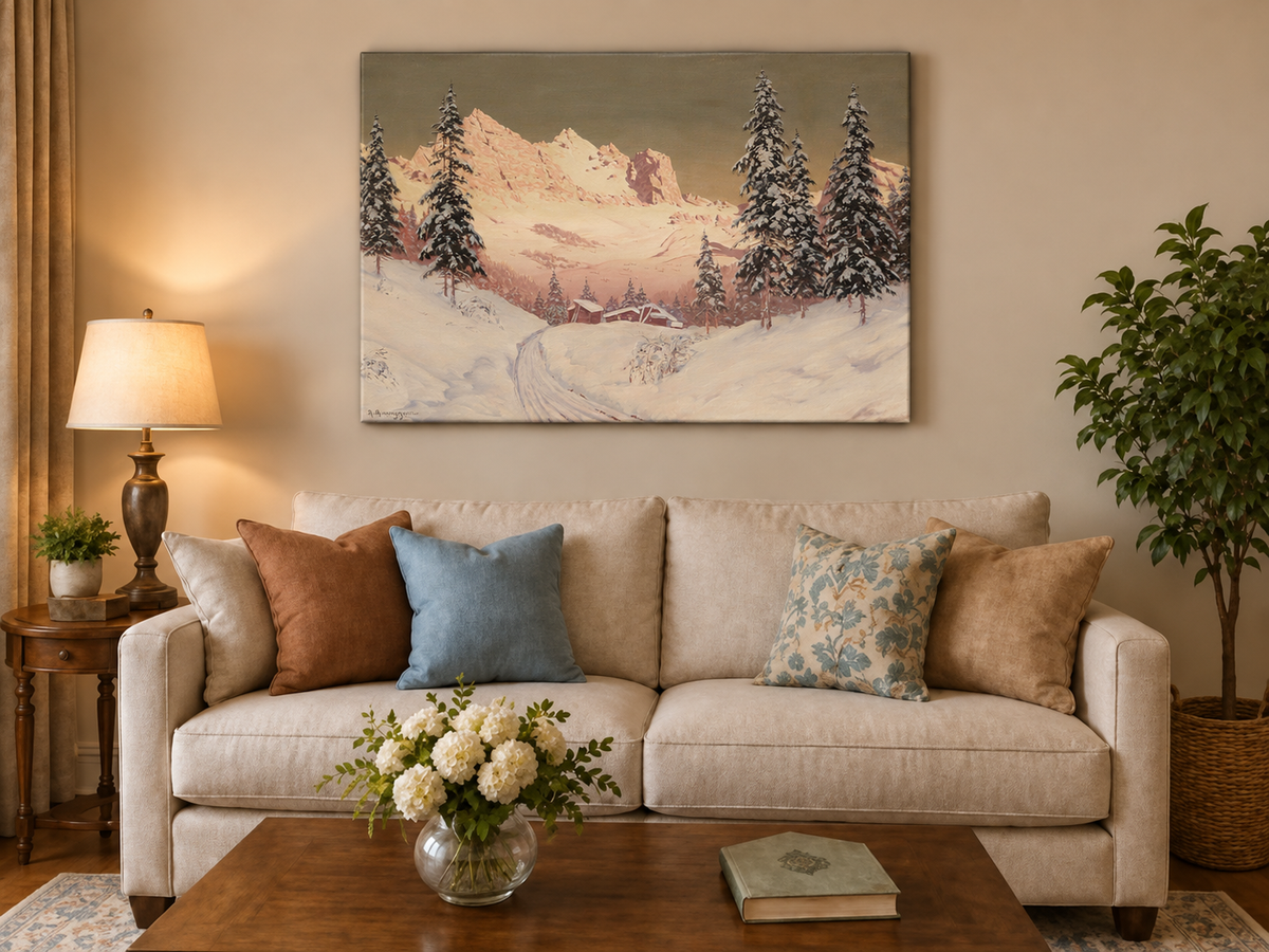 Landscape Oil Painting - Snowy Alpine Mountains, Pine Cabins