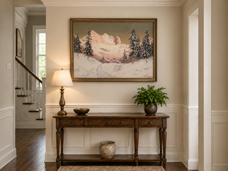 Landscape Oil Painting - Snowy Alpine Mountains, Pine Cabins
