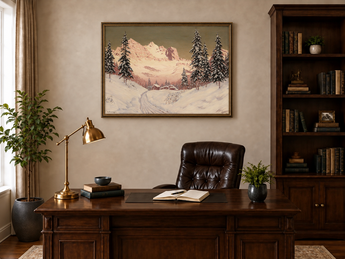 Landscape Oil Painting - Snowy Alpine Mountains, Pine Cabins