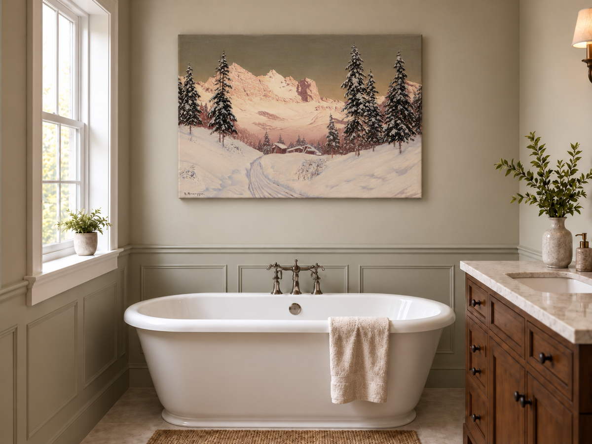 Landscape Oil Painting - Snowy Alpine Mountains, Pine Cabins