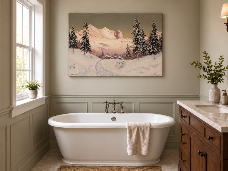 Landscape Oil Painting - Snowy Alpine Mountains, Pine Cabins