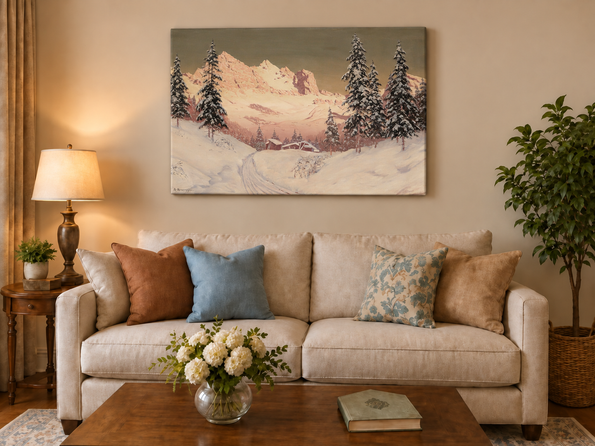 Landscape Oil Painting - Snowy Alpine Mountains, Pine Cabins