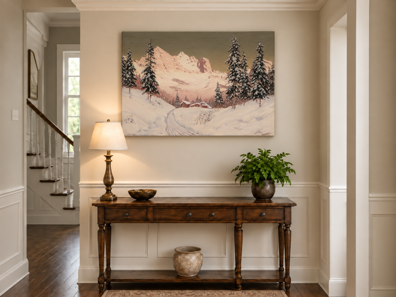 Landscape Oil Painting - Snowy Alpine Mountains, Pine Cabins