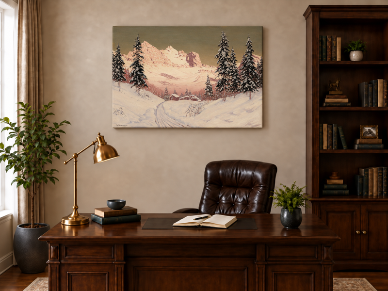 Landscape Oil Painting - Snowy Alpine Mountains, Pine Cabins