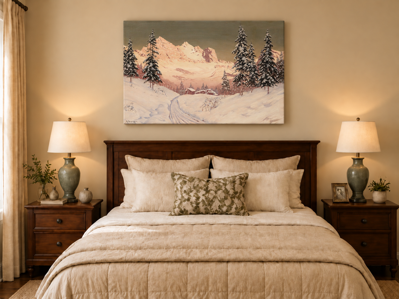 Landscape Oil Painting - Snowy Alpine Mountains, Pine Cabins