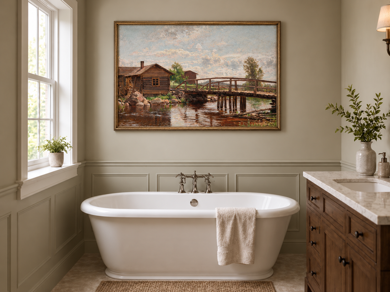 Peinture à l'huile de paysage - Pont en bois rustique et cottage champêtre