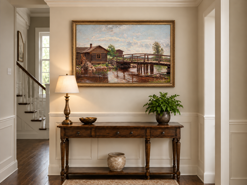 Peinture à l'huile de paysage - Pont en bois rustique et cottage champêtre