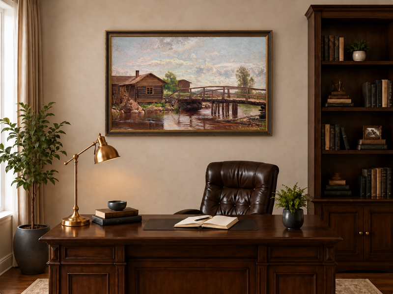 Peinture à l'huile de paysage - Pont en bois rustique et cottage champêtre