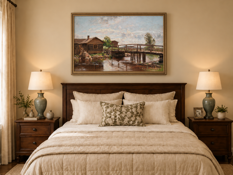 Peinture à l'huile de paysage - Pont en bois rustique et cottage champêtre