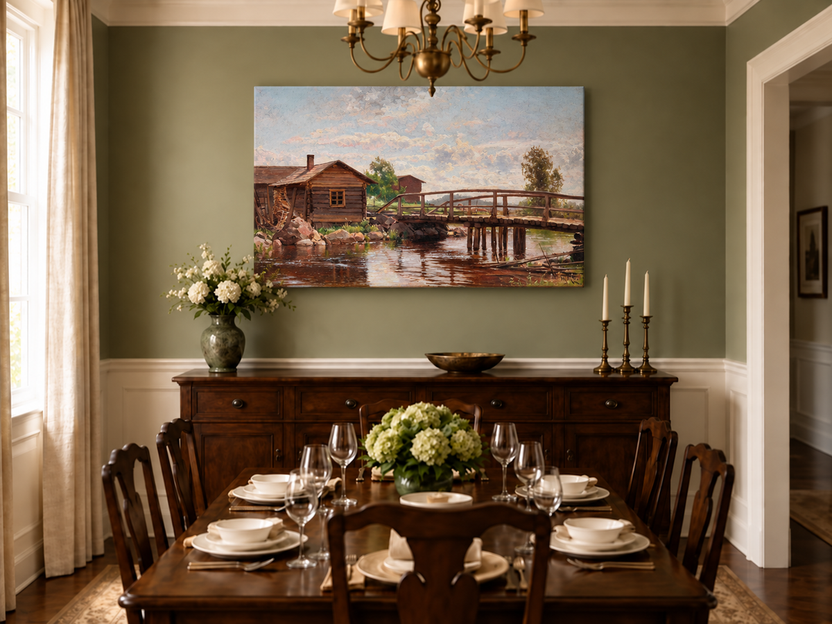 Peinture à l'huile de paysage - Pont en bois rustique et cottage champêtre