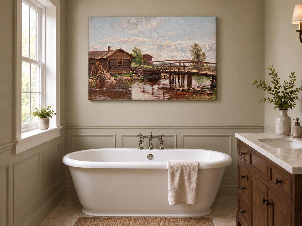 Peinture à l'huile de paysage - Pont en bois rustique et cottage champêtre