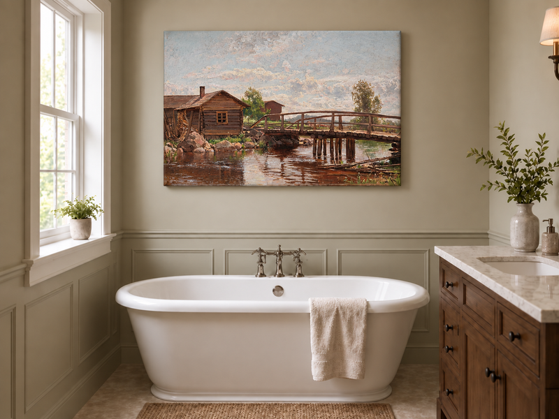 Peinture à l'huile de paysage - Pont en bois rustique et cottage champêtre