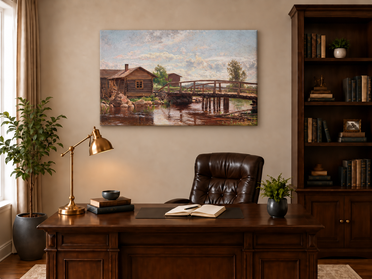 Peinture à l'huile de paysage - Pont en bois rustique et cottage champêtre