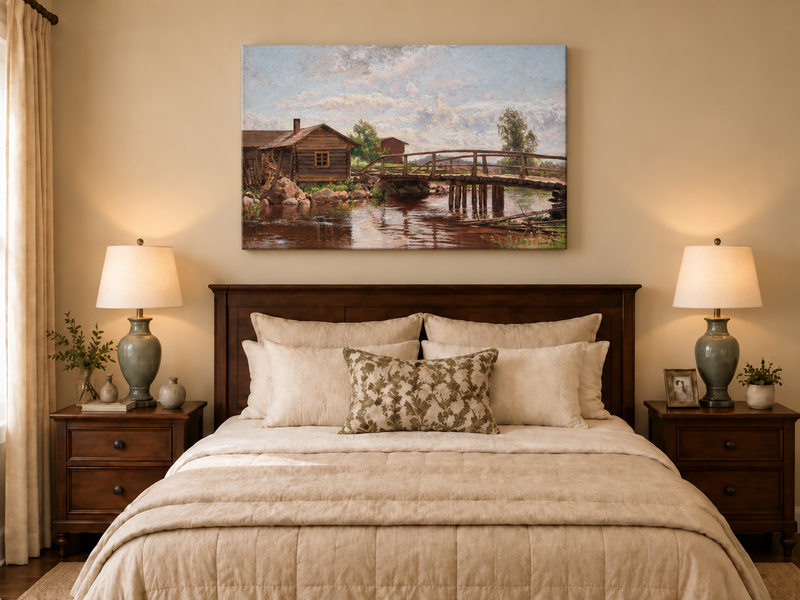 Peinture à l'huile de paysage - Pont en bois rustique et cottage champêtre