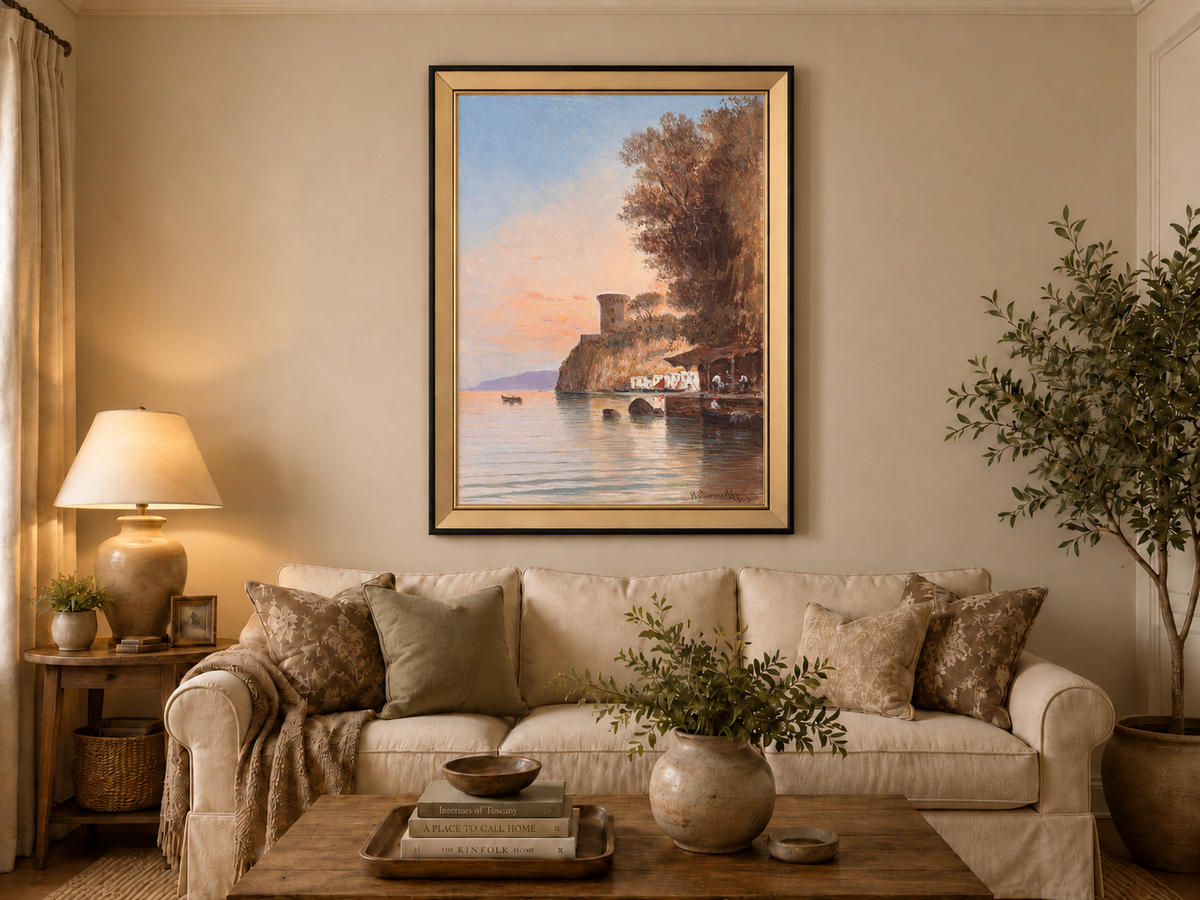 Landscape Oil Painting - Coastal Cliff, Watchtower at Dusk