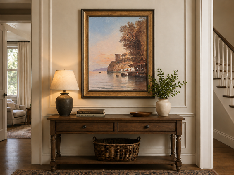 Landscape Oil Painting - Coastal Cliff, Watchtower at Dusk